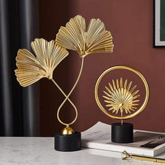 Desktop Figurine Iron Leaf Sculpture with Wooden Base Sculpture Modern Decorative Object for Home, Office, Table and Desktop - Style 1