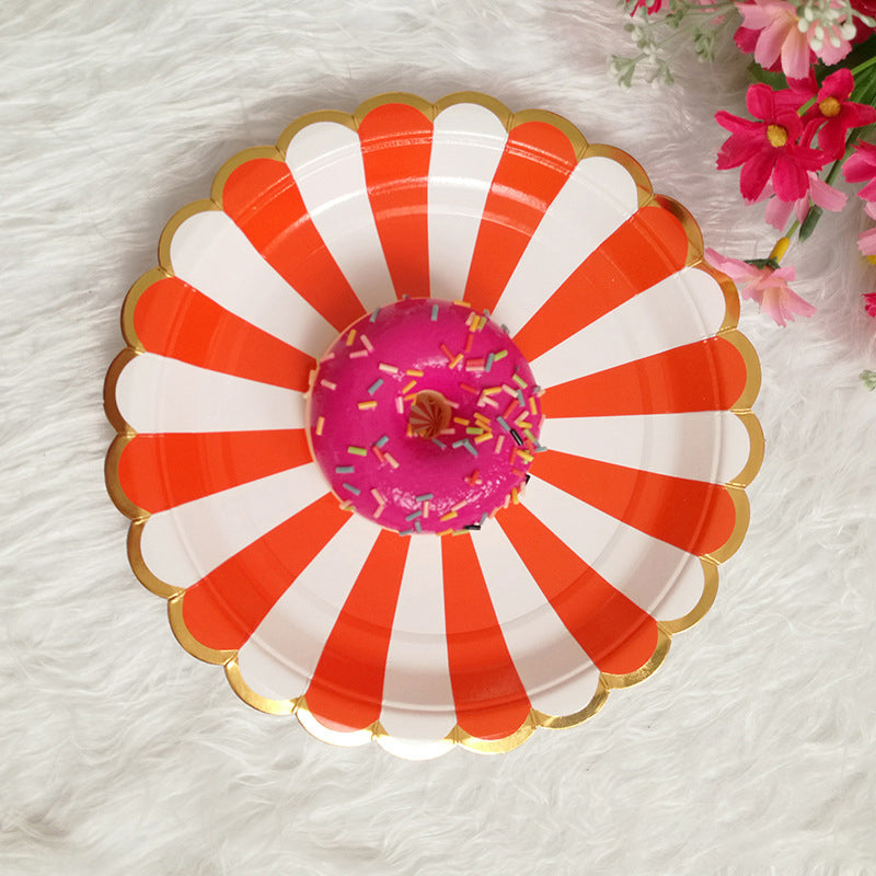 Party Paper Plates, 2pack-16pcs, Disposable Paper Plates, Gold Foil Scalloped Edge, Striped Pastel, 8 Colors, 9-Inch