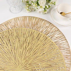 Placemats for Dining Table Set of 6 Round Hollow Out Table Mats Pressed Metallic Vinyl Plastic Place Mats Table Decoration for Holiday Wedding Accent Centerpiece(Gold Radial Circle)