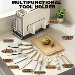 Magnetic Knife Holder, Multifunctional Integrated Storage Rack, Countertop/Wall-Mounted Dual-Purpose Knife Holder, with Drain Tray, No Installation Or Drilling Required