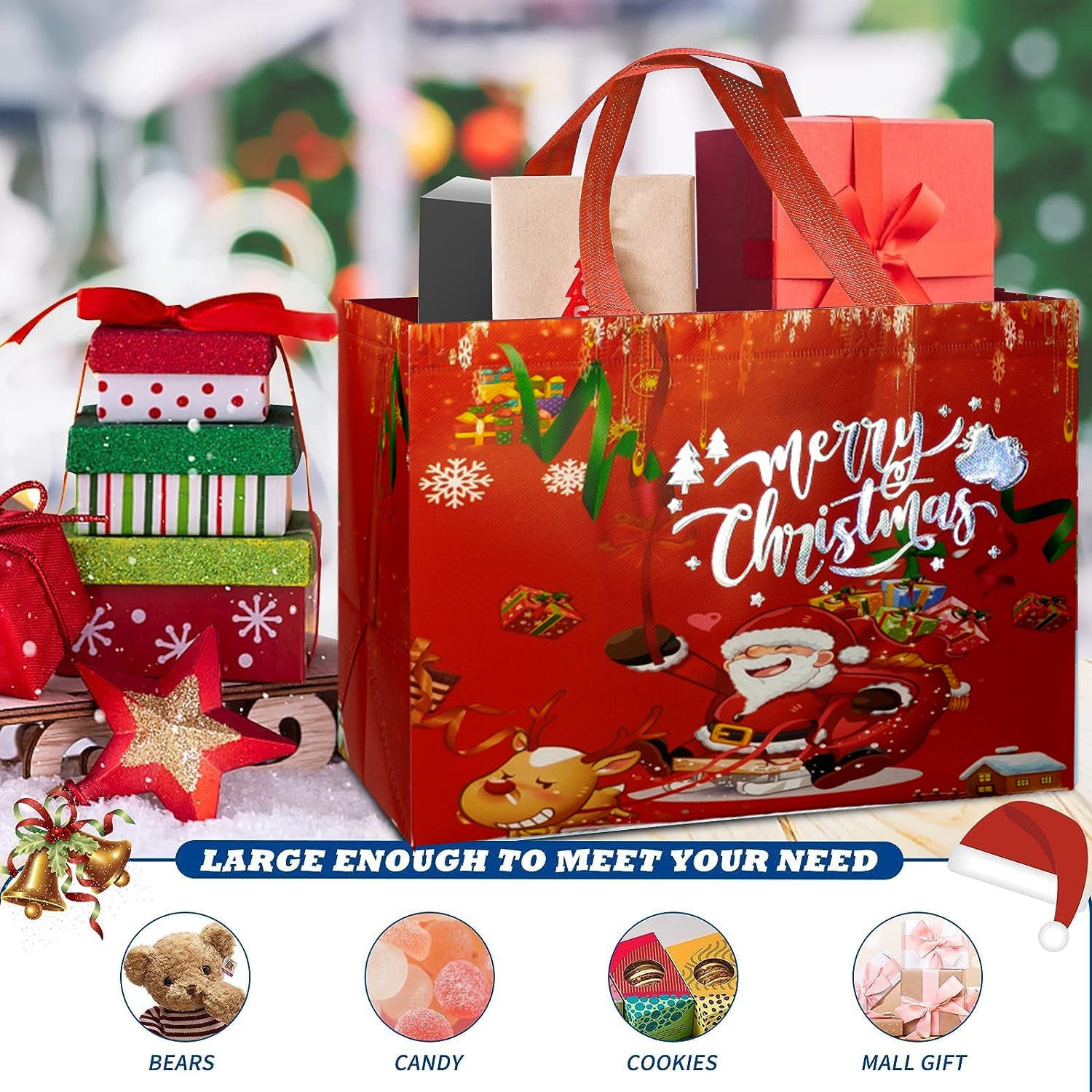 12 Pack Christmas Gift Bags Large Reusable Christmas Tote Bags, Non-Woven Christmas Bags for New Year's Shopping, Christmas Surprise, Xmas Party Supplies