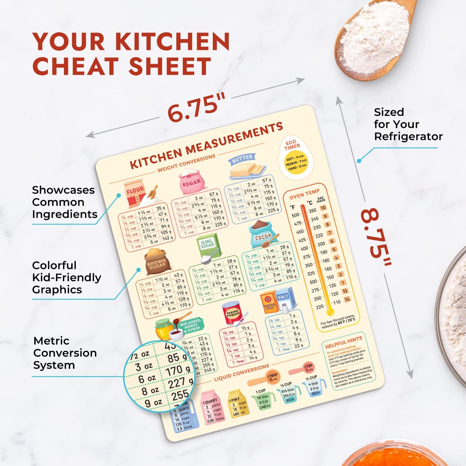 Kitchen Conversion Chart Magnet for Easier Cooking & Kitchen Baking - Vintage Kitchen Useful Gadgets - Cute Kitchen Accessories Gadgets