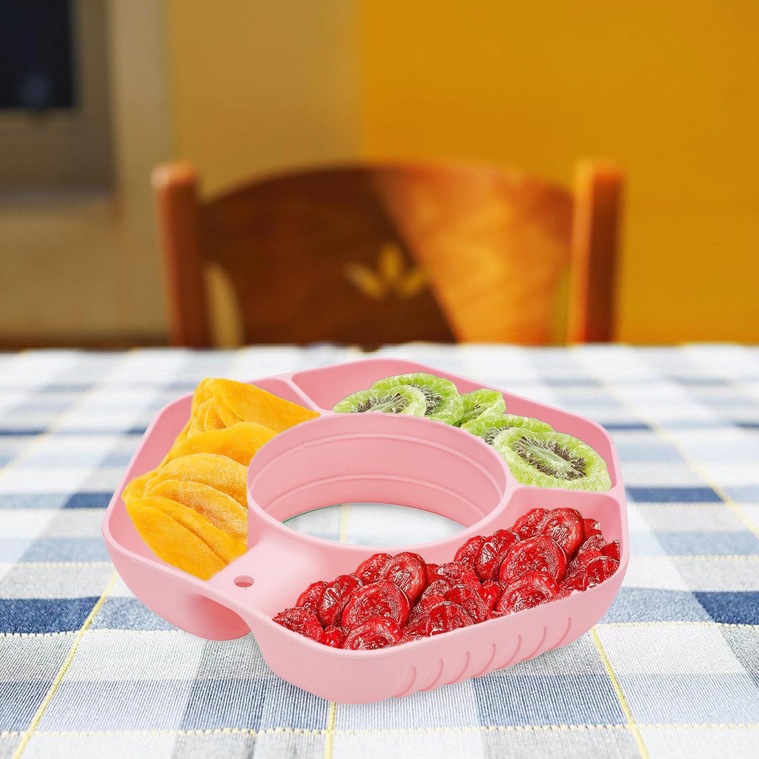 Round Divided Serving Platter, Box Snack Storage Fruit Bowl Container 3 Compartments, Silicone Snack Ring Tray Platter