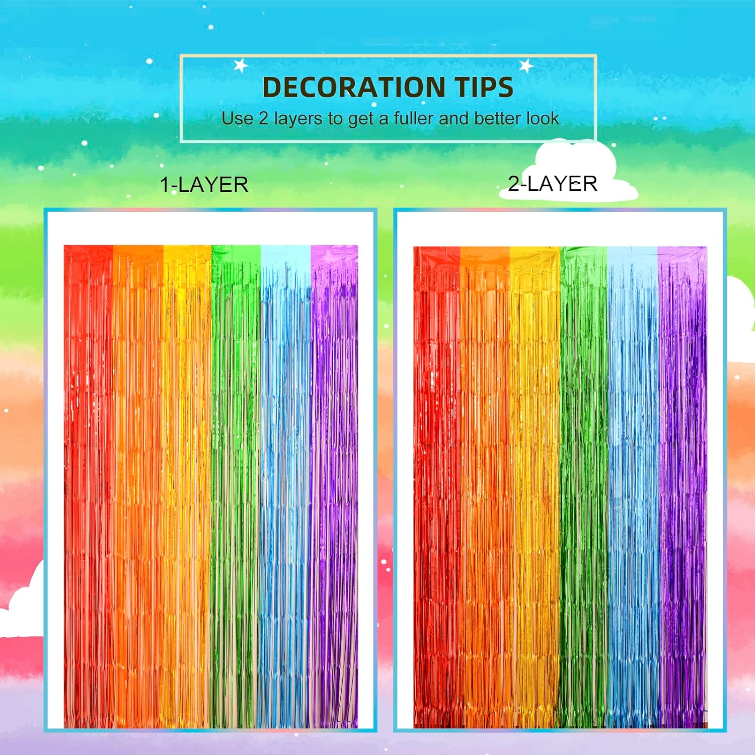 Rainbow Foil Fringe Curtains, Rainbow Party Decorations Tinsel Metallic Streamers Holiday Photo Booth Props Backdrop for Birthday Wedding Engagement Bridal Shower Unicorn