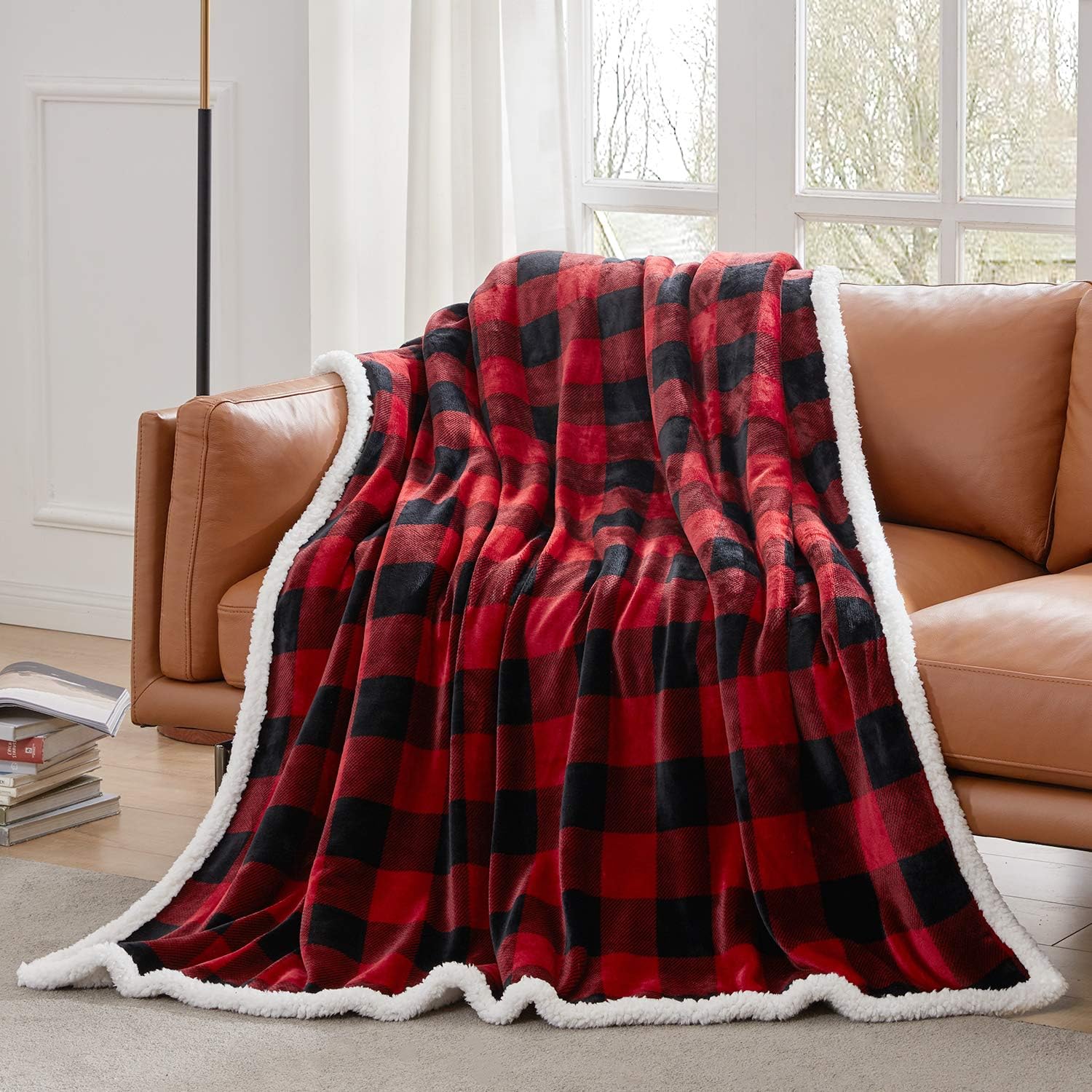 Sherpa Red and Black Buffalo Plaid Christmas Throw Blanket, Fuzzy Fluffy Soft Cozy Blanket, Fleece Flannel Plush Microfiber Blanket for Couch Bed Sofa (60" X 80")