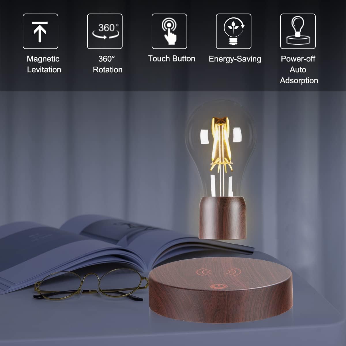 Magnetic Levitating Floating Wireless LED Light Bulb Desk Lamp for Unique Gifts, Room Decor, Night Light, Home Office Decor Desk Tech Toys (Round Wooden Base..)