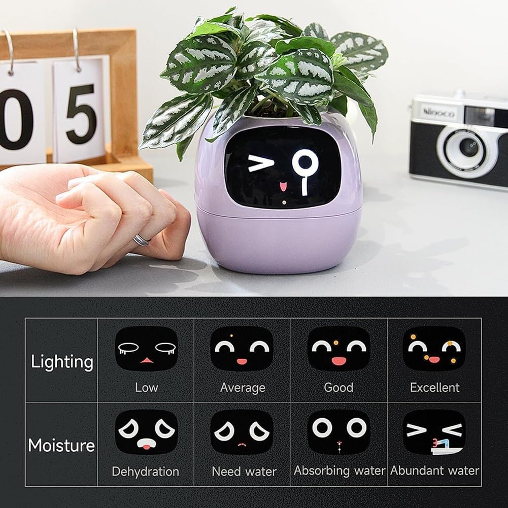 Smart Plant Pot, Smart Flowerpots, Intelligent Planter, with 49 Rich Expressions, 7 Smart sensors, AI Chips, LCD Screen Display, APP Control, Smart Expression, Time Date Weather Display