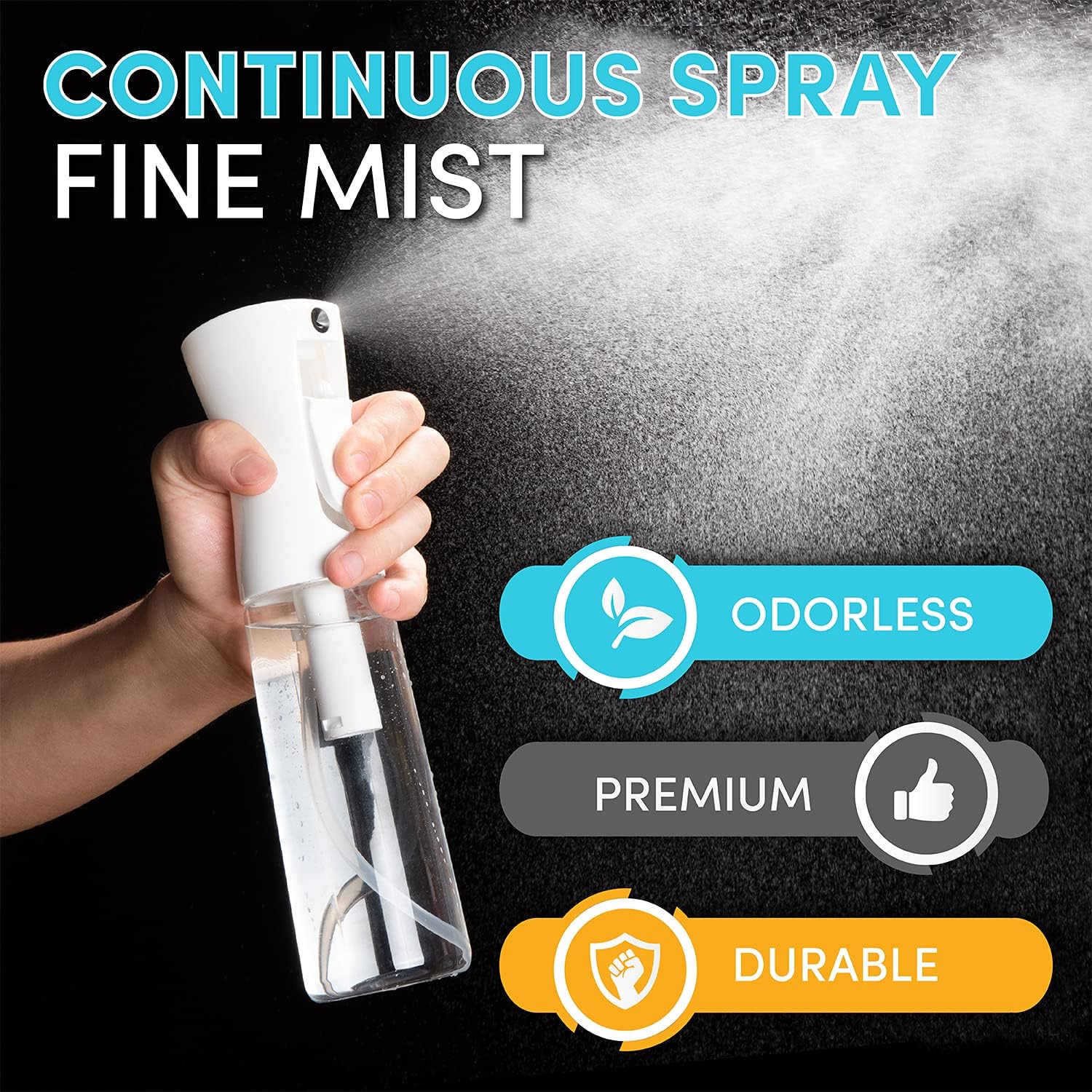 Continuous Spray Bottle for Hair (10.1oz/300ml) Empty Ultra Fine Plastic Water Mist Sprayer – For Hairstyling, Cleaning, Salons, Plants, Essential Oil Scents & More - White