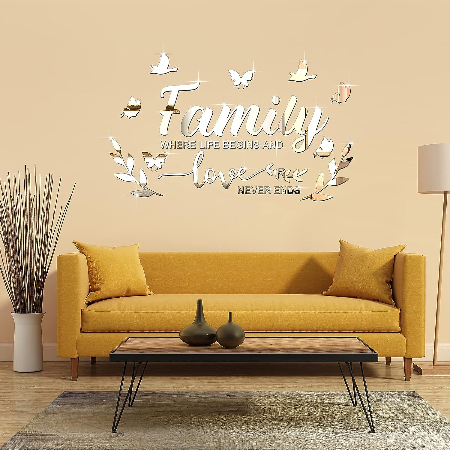 Mirror Family Wall Decor 3D Acrylic Wall Decal Stickers Family Letter Quotes Mirror Decor DIY Removable Wall Art Decals Motivational Butterfly Mural Stickers for Home Decor (Silver)