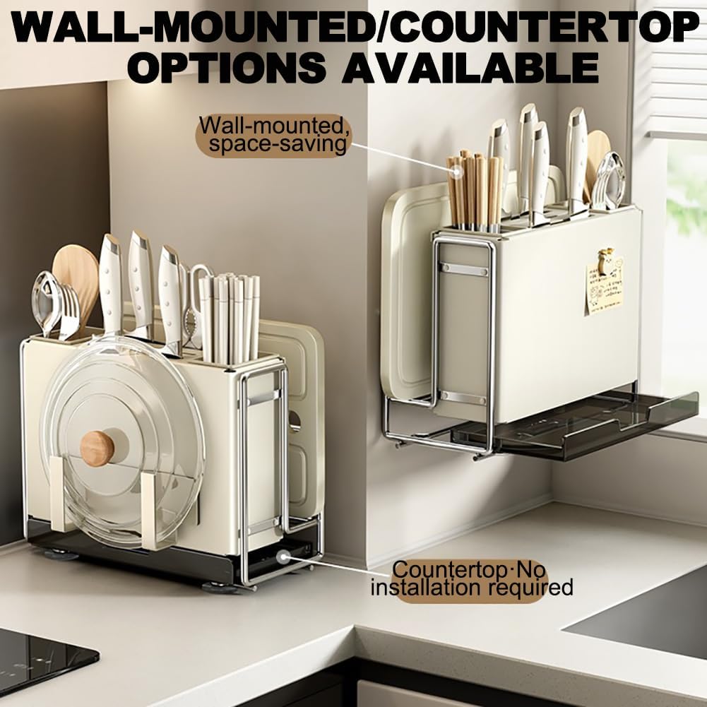 Magnetic Knife Holder, Multifunctional Integrated Storage Rack, Countertop/Wall-Mounted Dual-Purpose Knife Holder, with Drain Tray, No Installation Or Drilling Required