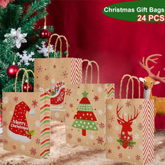 24Pcs Christmas Gift Bags Christmas Kraft Paper Bags, Christmas Goody Bags Small Christmas Gift Bags with Handles Xmas Treat Bags for Holiday Paper Gift Bags Party Gift Bags Party Supplies