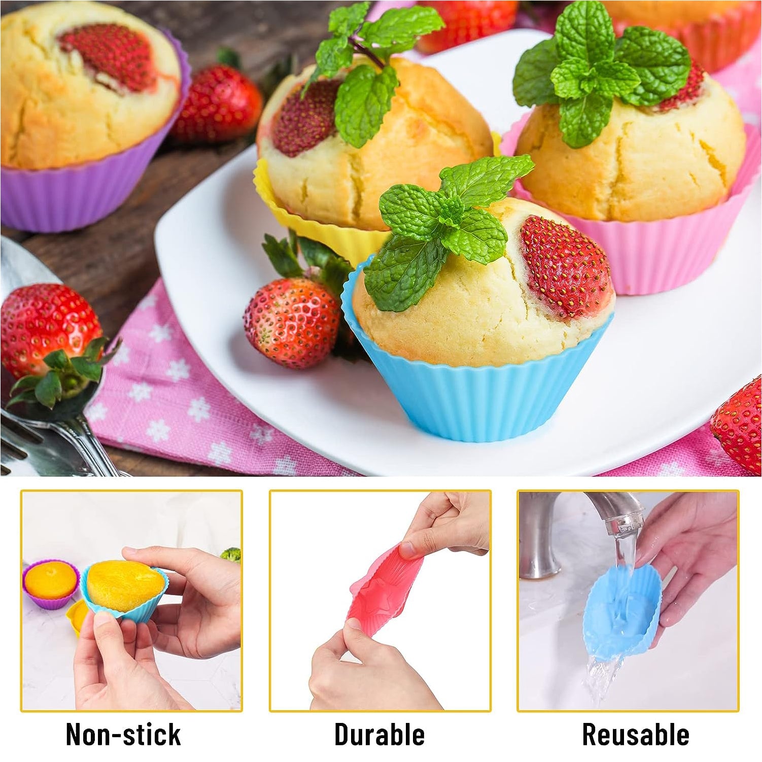 Silicone Cupcake Liners Reusable Baking Cups Nonstick Easy Clean Pastry Muffin Molds 4 Shapes Round, Stars, Heart, Flowers, 24 Pieces Colorful