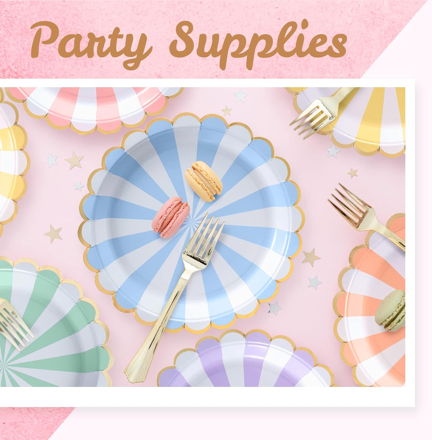 Party Paper Plates, 2pack-16pcs, Disposable Paper Plates, Gold Foil Scalloped Edge, Striped Pastel, 8 Colors, 9-Inch