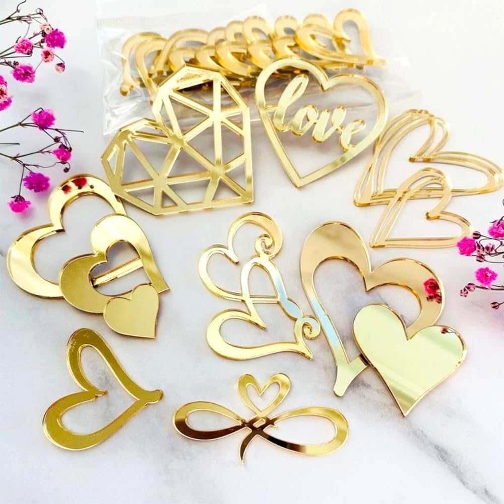 9pcs Acrylic Love Heart Cake Topper Wedding  Gold Cake Decorations Cake Decor Heart Cupcake Toppers Cake Insert for Birthday Anniversary Engagement Valentine's Day Party Supplies