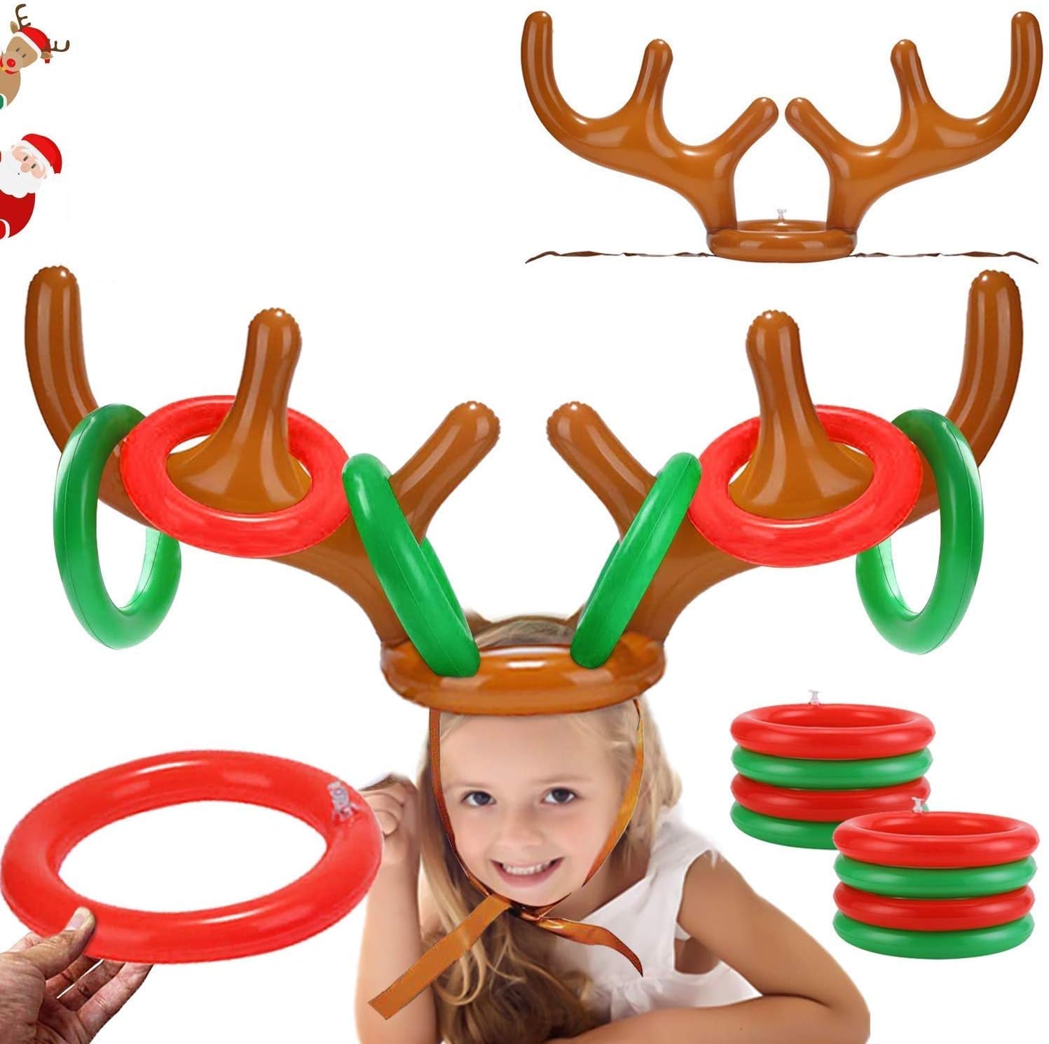 2PCS Christmas Party Toss Game Inflatable Reindeer Antler Hat with Rings for Kids Adults Family Xmas Fun Games(1 Pump，12 Rings, 2 Antlers)