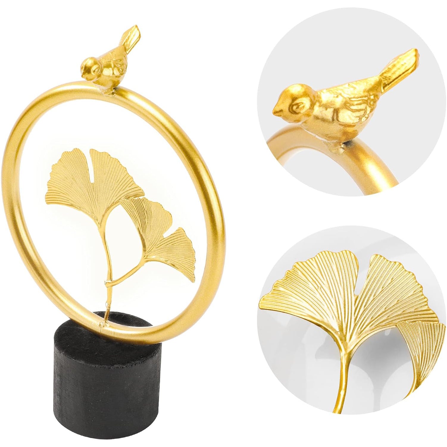 Gold Metal Sculpture Statue Decor,Ginkgo Leaf and Bird Desktop Ornament European Iron Sculptures Art Home Crafts Statues for Living Room Bedroom Office Shelves Decoration