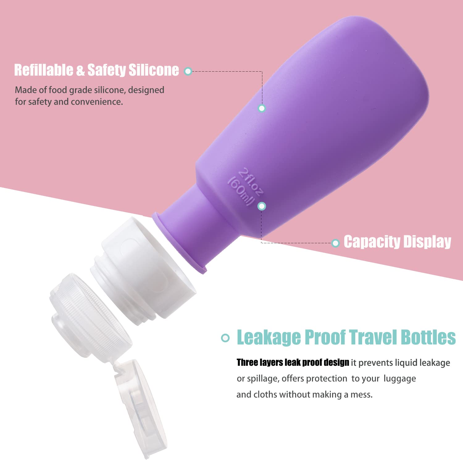 Leak Proof Travel Bottles, TSA Approved Silicone Squeezable Shampoo Refillable Toiletry Cosmetic Container, 2oz Portable