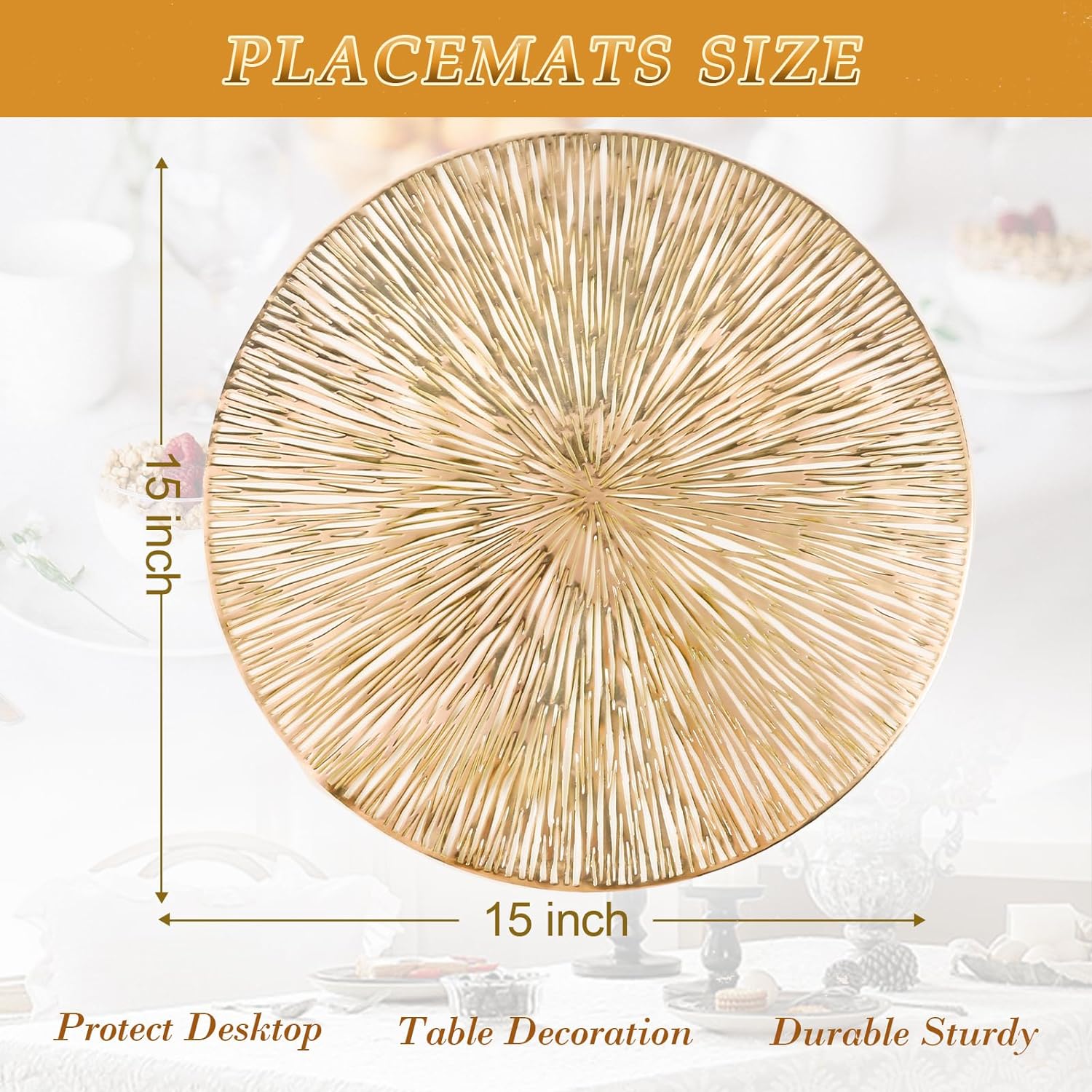 Placemats for Dining Table Set of 6 Round Hollow Out Table Mats Pressed Metallic Vinyl Plastic Place Mats Table Decoration for Holiday Wedding Accent Centerpiece(Gold Radial Circle)