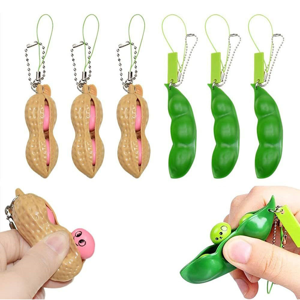 6PCS Squeeze Bean Keychain Fidget Toys Pack for Both Children and Adult (3pcs Pea & 3pcs Peanut)