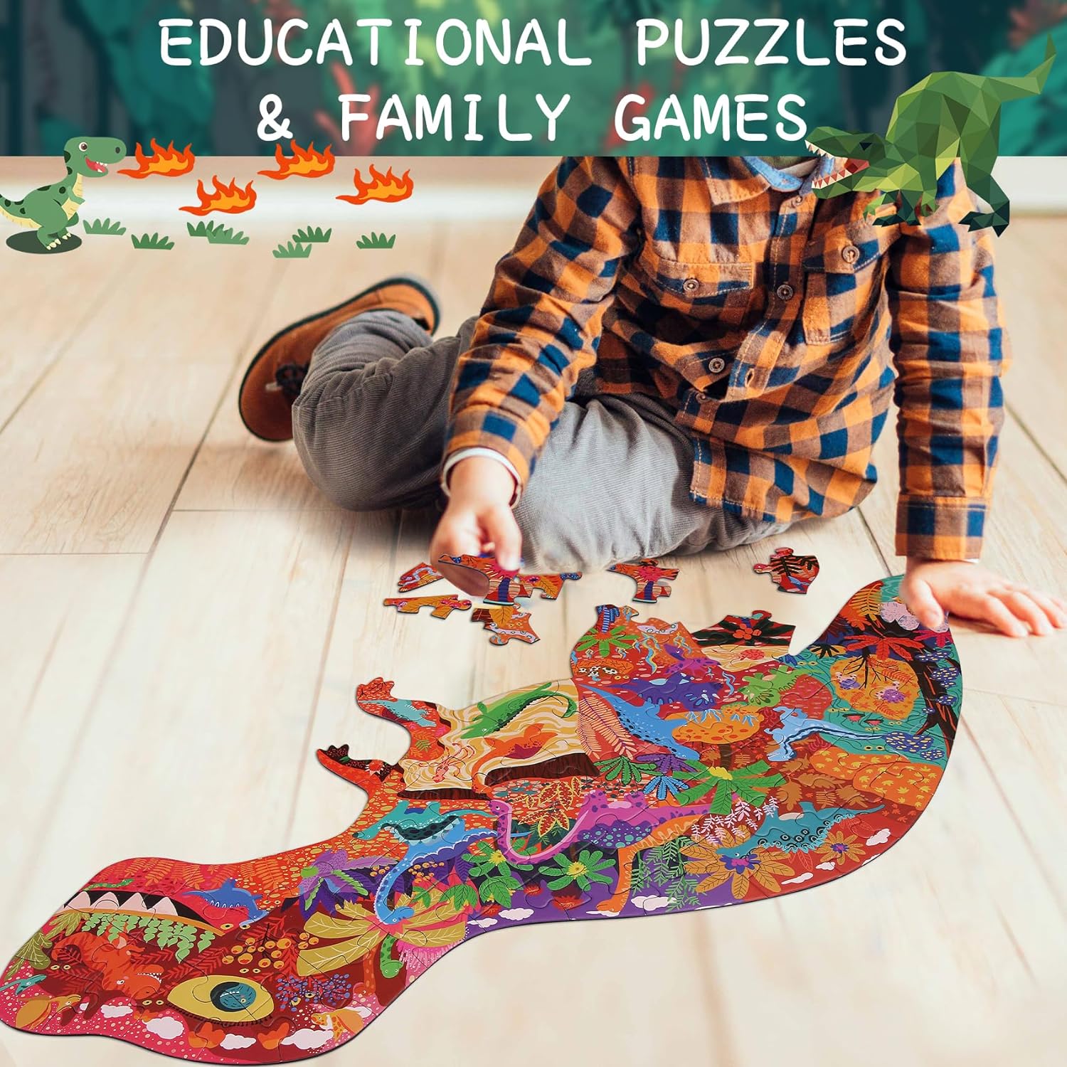 Floor Puzzle Suitable for Children Aged 3-10, Unique Large Irregular Animal Shaped Art Puzzle Suitable for Boys and Girls 71 Pieces Toys As Gifts for Children (Tyrannosaurus Rex)