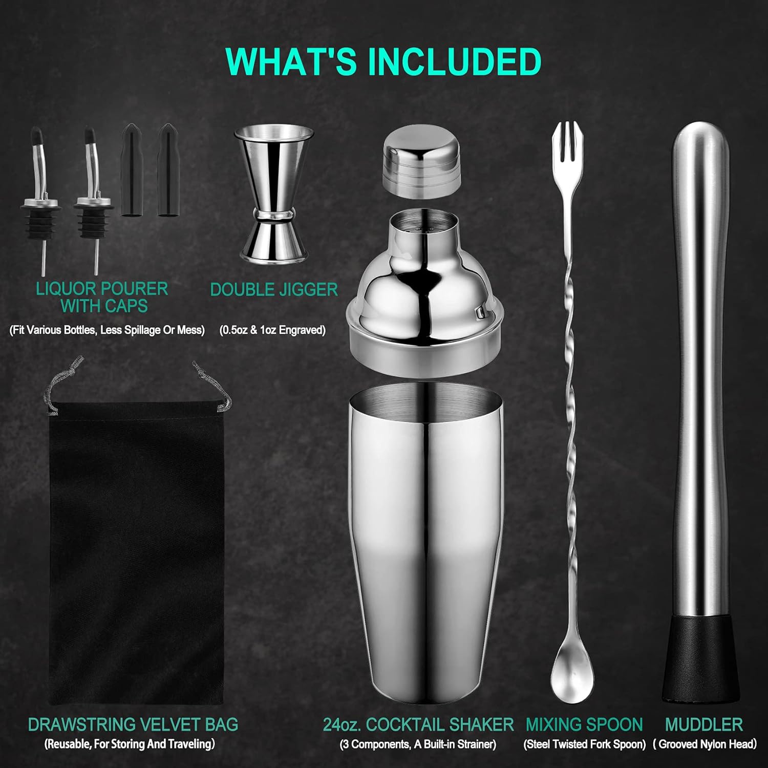 Cocktail Shaker Set Bartender Kit by CHKING, Stainless Steel Martini Shaker, Mixing Spoon, Muddler, Measuring Jigger, Liquor Pourers with Dust Caps and Manual of Recipes, Professional Bar Tools