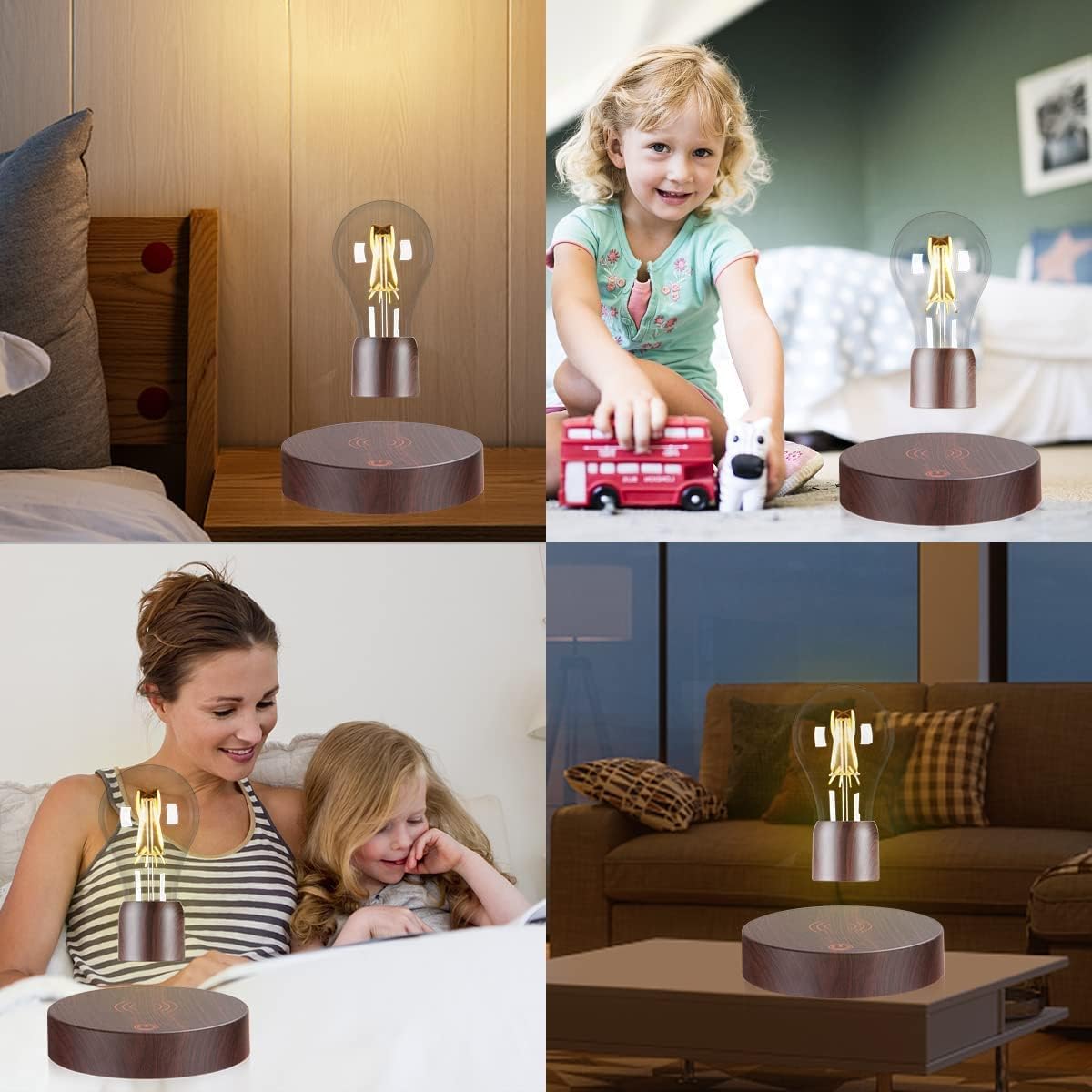 Magnetic Levitating Floating Wireless LED Light Bulb Desk Lamp for Unique Gifts, Room Decor, Night Light, Home Office Decor Desk Tech Toys (Round Wooden Base..)