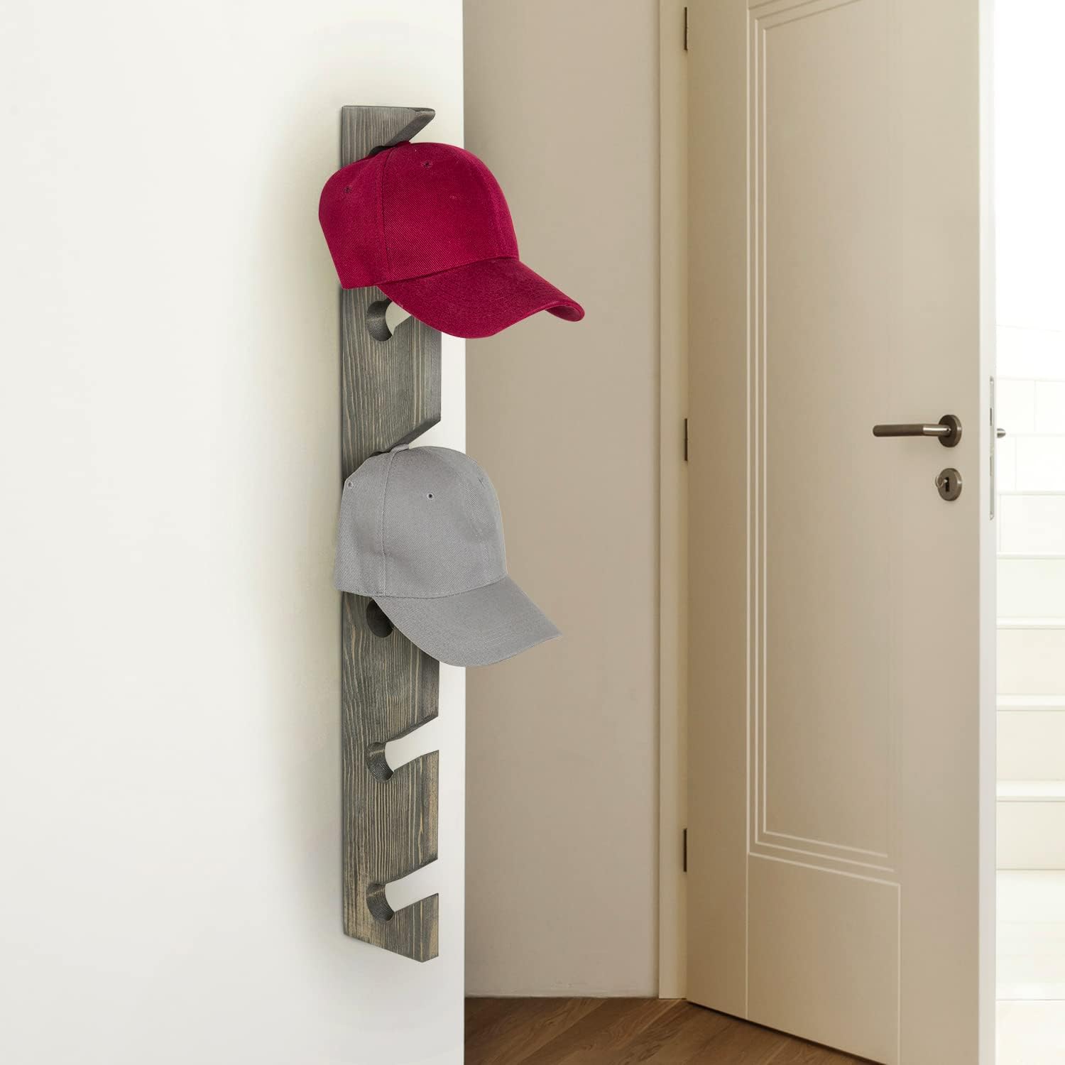 30 Inch Wall Mounted Vintage Gray Wood Baseball Cap Rack with 6 Slots, Hanging Hat Rack, Set of 2