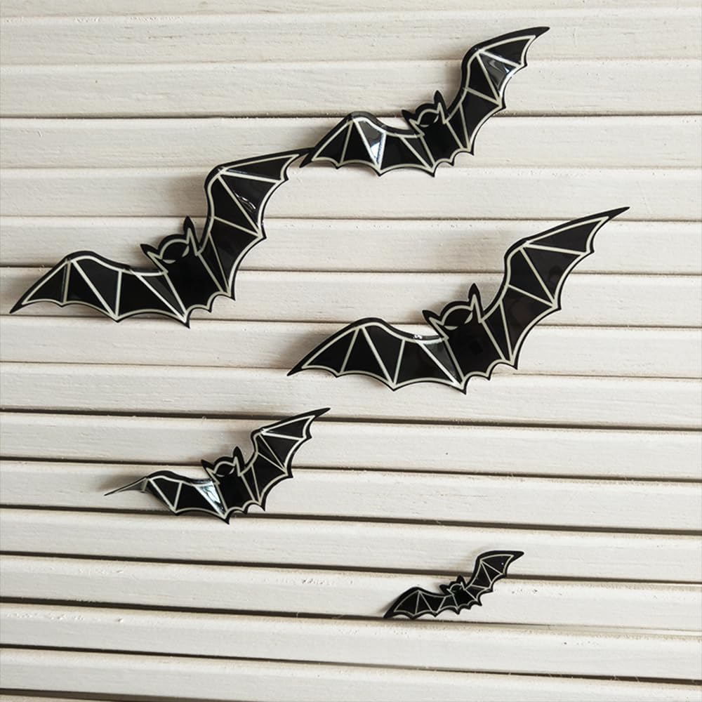 Halloween Bat Decorations - 24PCS Green Glowing Bats, DIY Window Wall Stickers, Reusable PVC 3D Bats Stickers for Bathroom Indoor Hallowmas Party Supplies