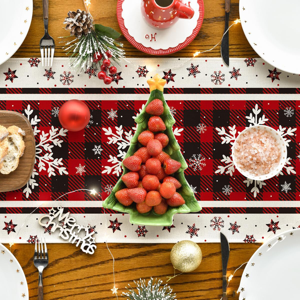 Buffalo Plaid Snowflakes Christmas Table Runner, Seasonal Winter Kitchen Dining Table Decoration for Home Party Decor