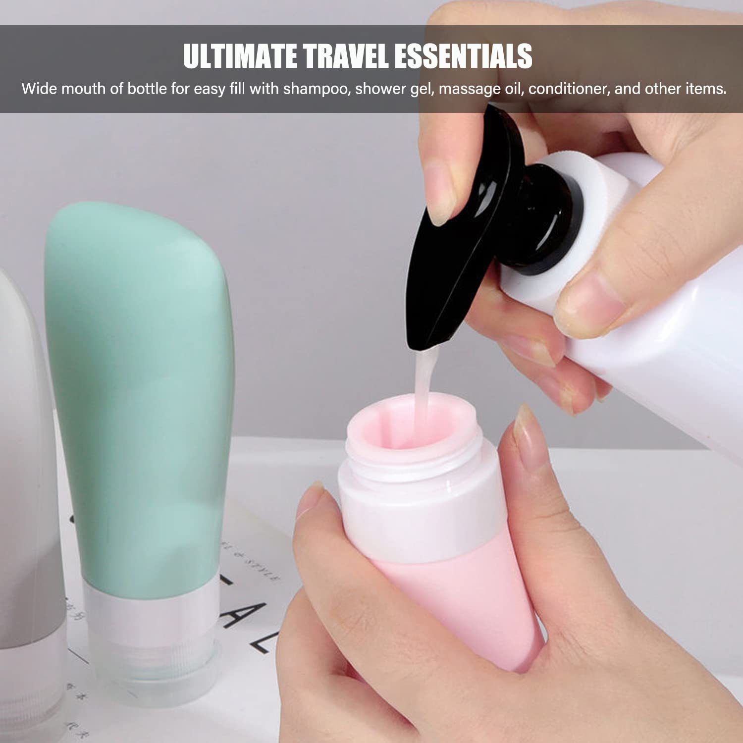 Leak Proof Travel Bottles, TSA Approved Silicone Squeezable Shampoo Refillable Toiletry Cosmetic Container, 2oz Portable