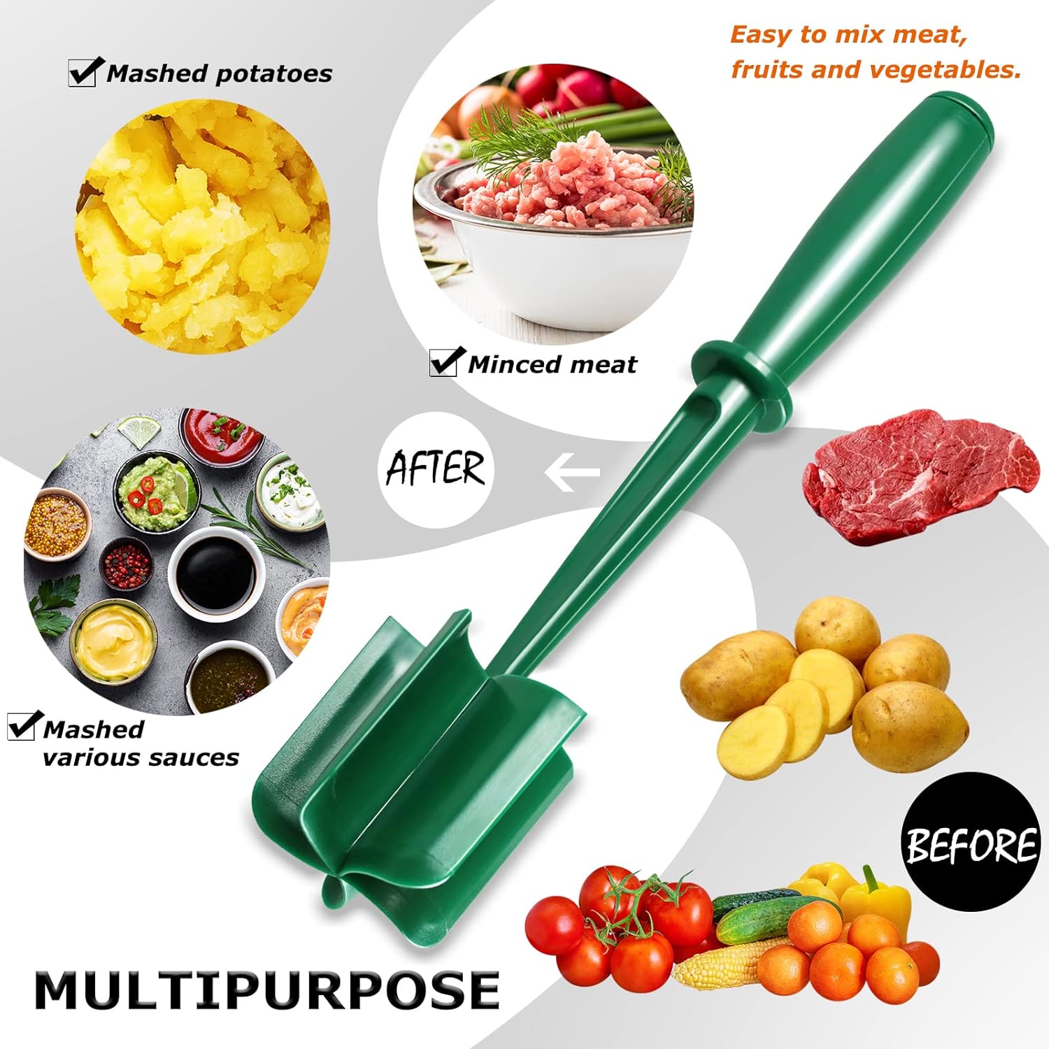 Meat Chopper, Hamburger Chopper Utensil, Professional Heat Resistant Nylon, Masher & Smasher Meat, Potato Masher Ground Beef & Turkey -Non Stick Mix Chopper for Kitchen Tool