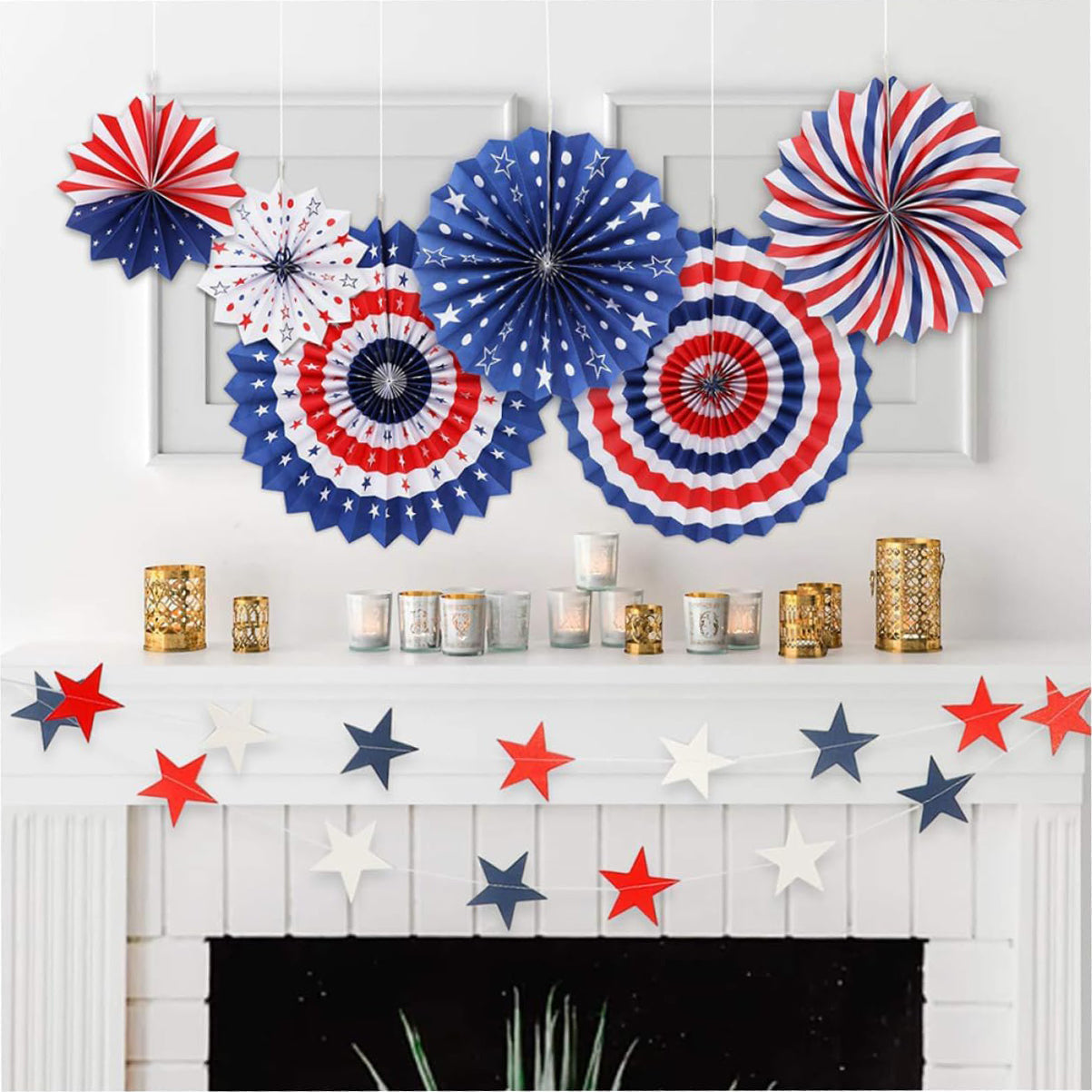 12pcs Ornament 4th of July Paper Decoration Patriotic Paper Fan Patriotic Ceiling Decoration American Haning Paper Fan Decore Wedding Decorations Party Supplies United States Flag