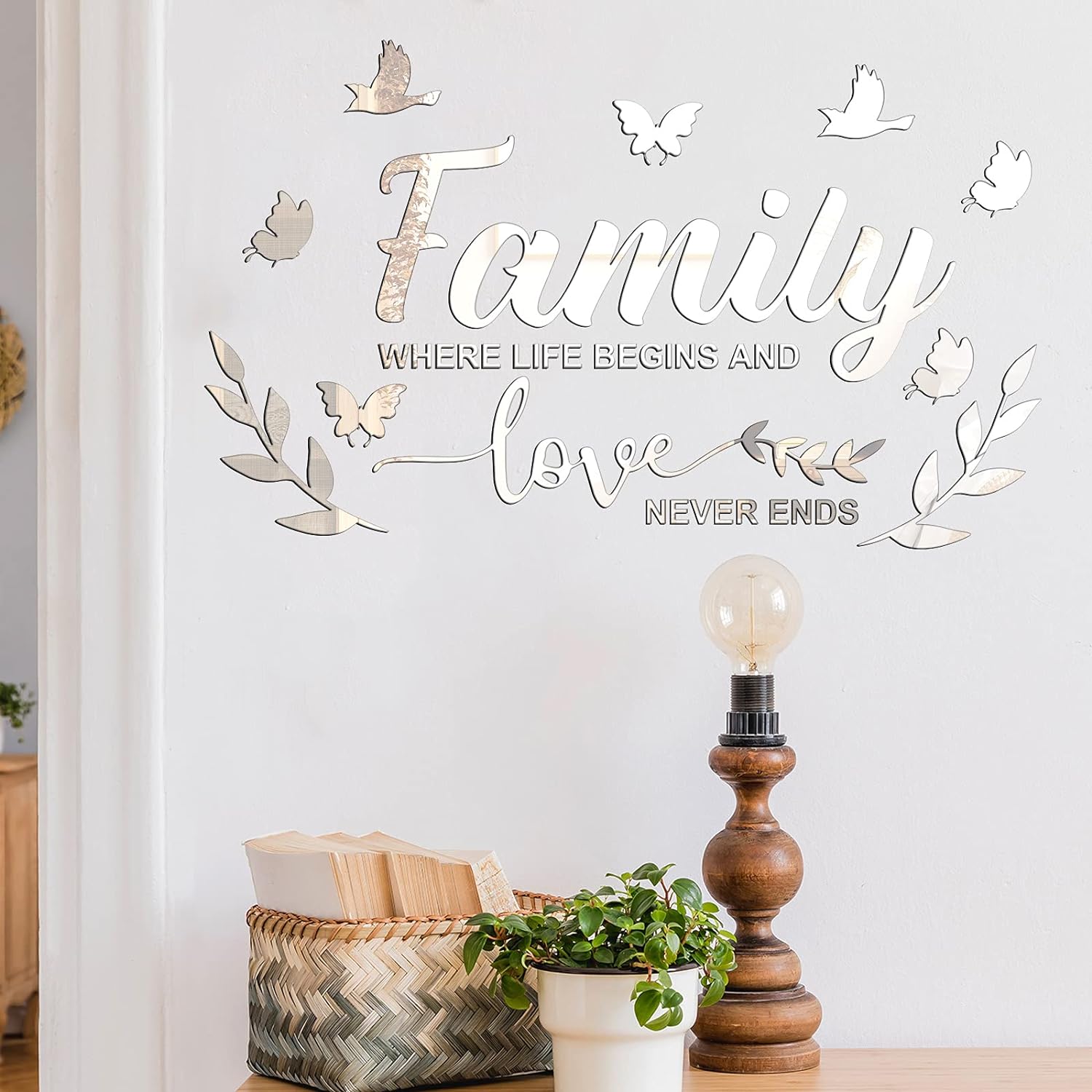 Mirror Family Wall Decor 3D Acrylic Wall Decal Stickers Family Letter Quotes Mirror Decor DIY Removable Wall Art Decals Motivational Butterfly Mural Stickers for Home Decor (Silver)