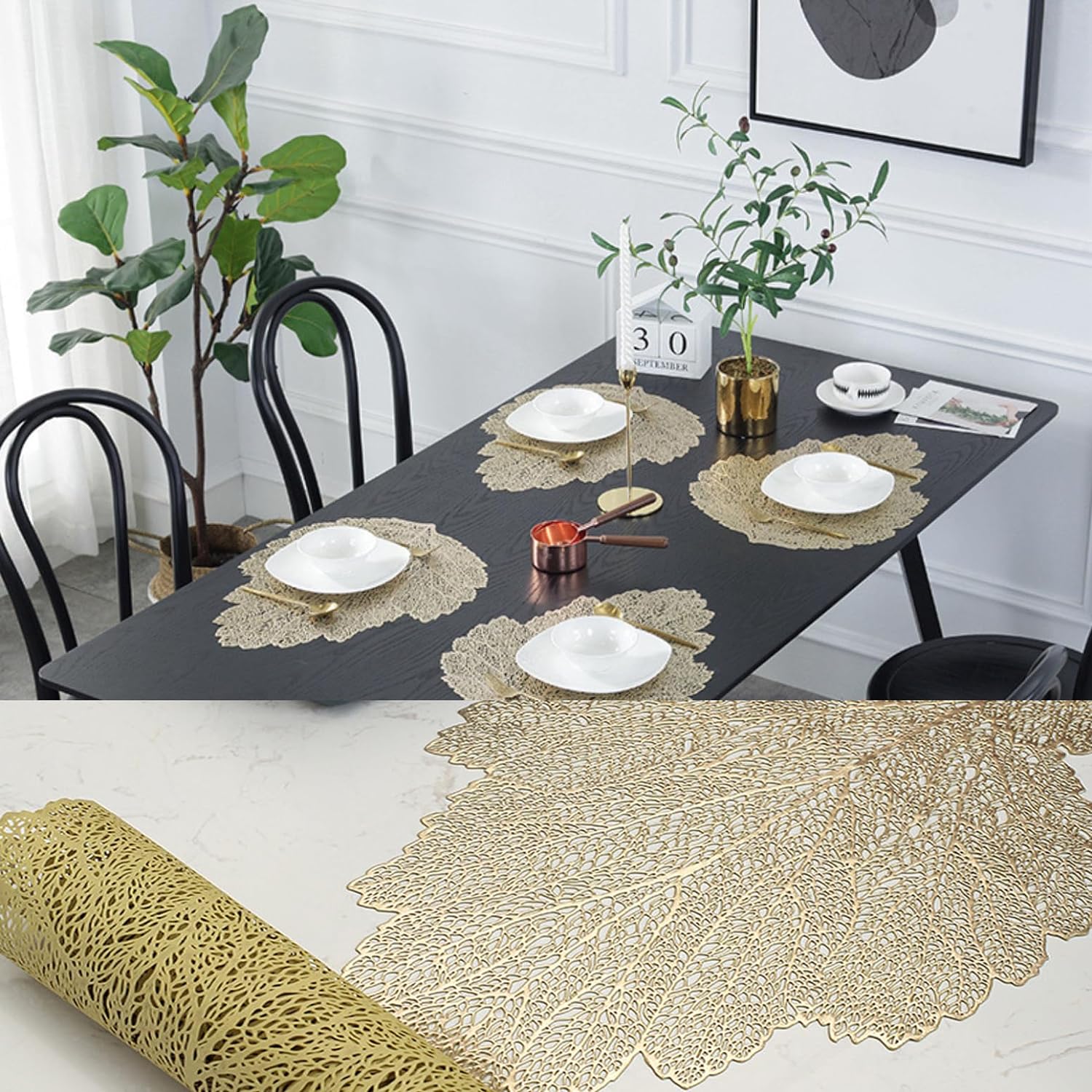 Leaves Placemats Set of 6, 15 Inch Metallic Vinyl Christmas Festival Lunch Mats Leaf Holiday Party Restaurant Home Table Decoration, Gold