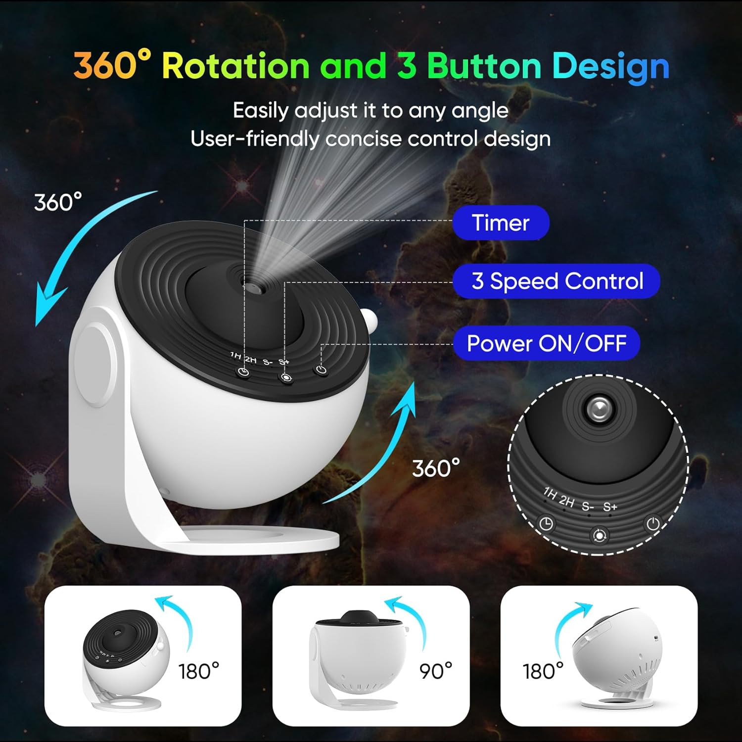 Galaxy Projector for Bedroom, HD Image Star Projector Galaxy Light Adjustable Knob, 13 Film Discs Planetarium Projector for Kids, 360° Rotating 1/2h Timer Simple 3-Button Control