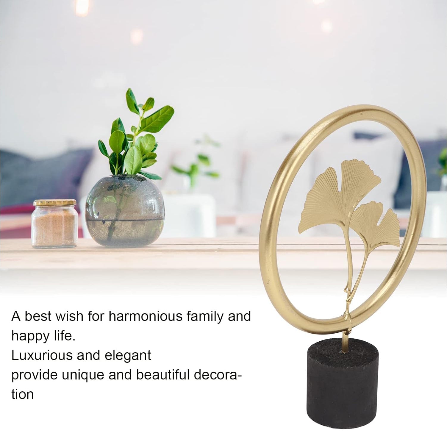 Ginkgo Leaf Statue Round Gold Metal Ginkgo Figure with Wooden Base, Hand Crafted Minimalist Lines Sculpture Ornaments for Desktop Bookshelf Decor