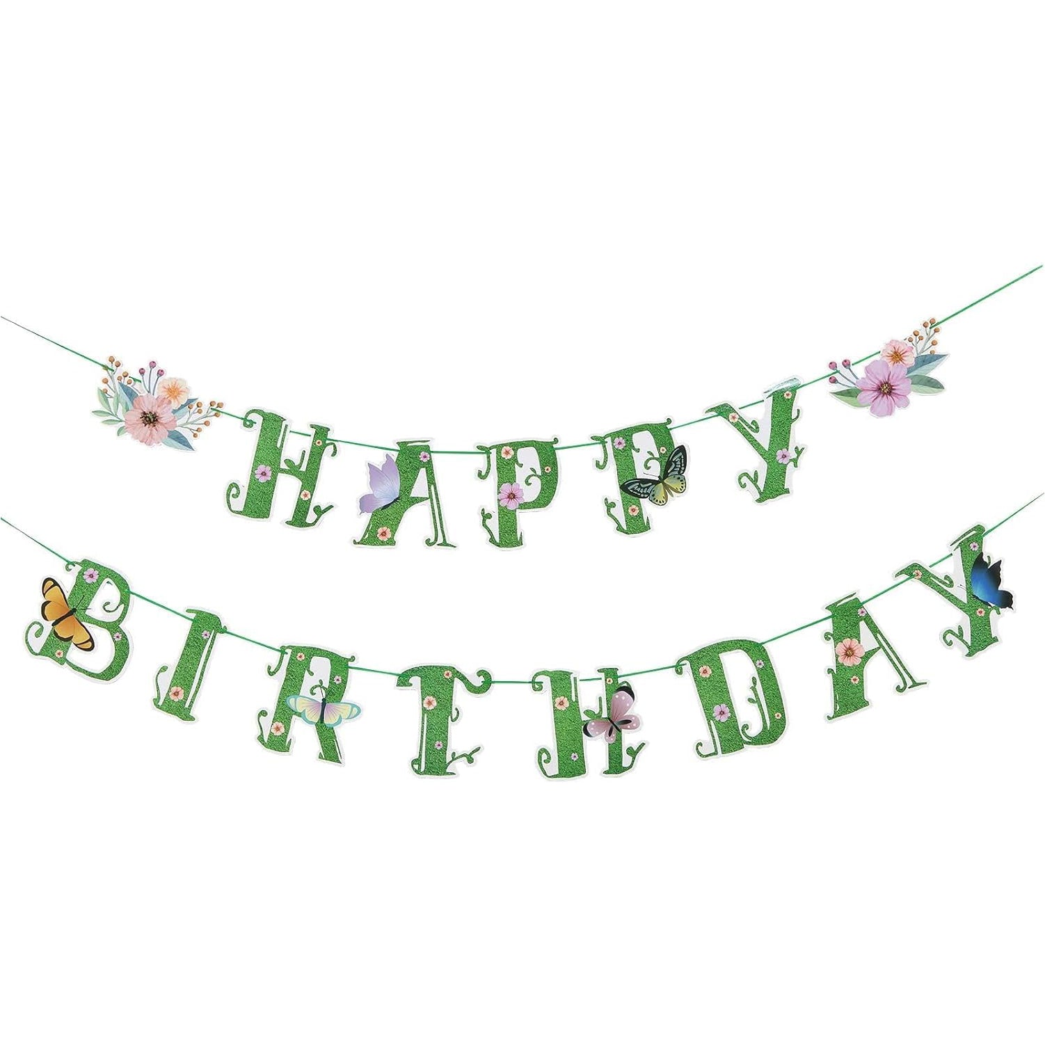 Spring Happy Birthday Banner Green Spring Butterfly Flowers Banner Summer Spring Butterfly Birthday Party Decorations