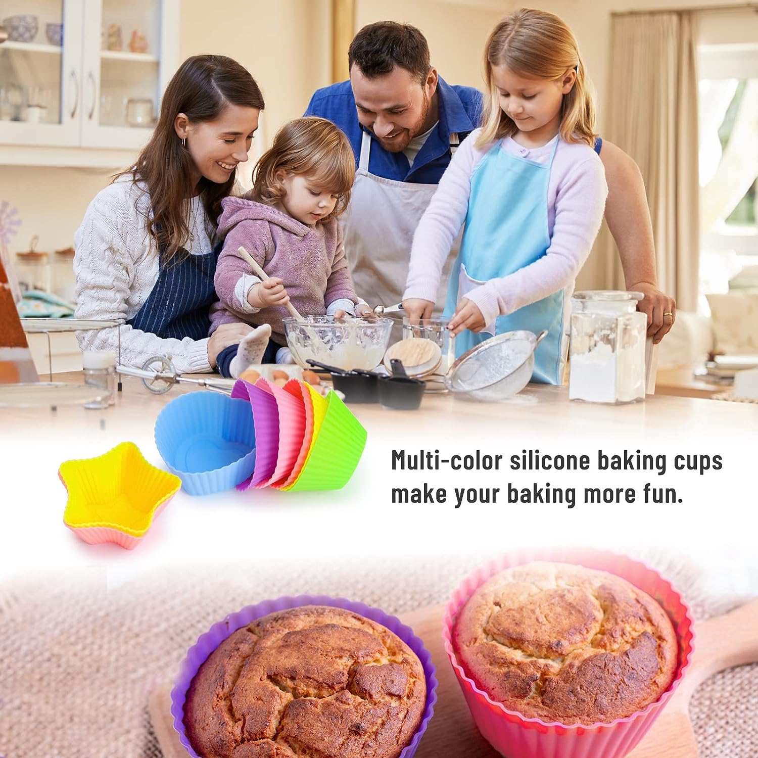 Silicone Cupcake Liners Reusable Baking Cups Nonstick Easy Clean Pastry Muffin Molds 4 Shapes Round, Stars, Heart, Flowers, 24 Pieces Colorful