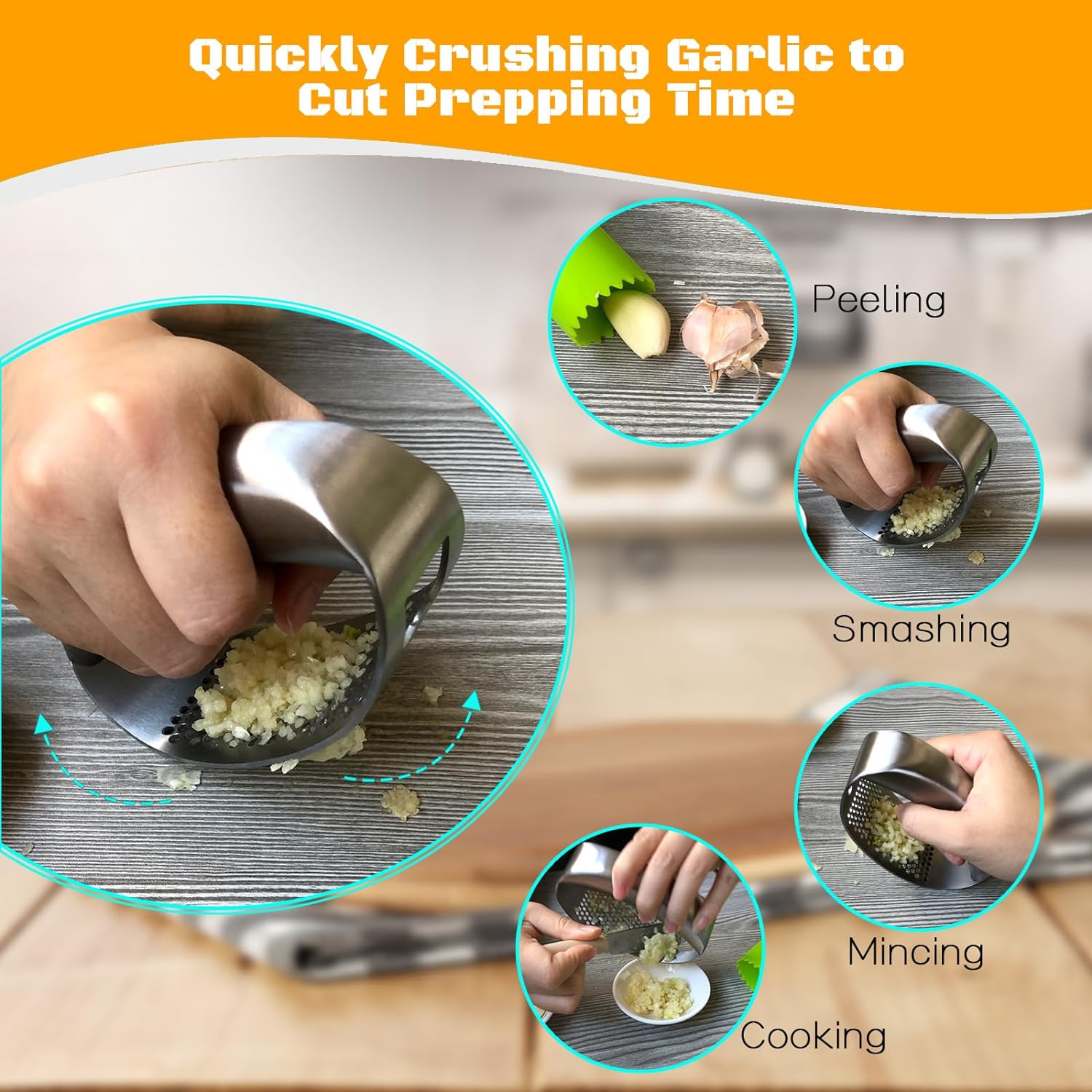 Garlic Press Rocker Heavy Duty Stainless Steel Garlic Mincer Garlic Crusher Garlic Chopper with Peeler And Scraper for Smash Garlic Built-in Bottle Opener