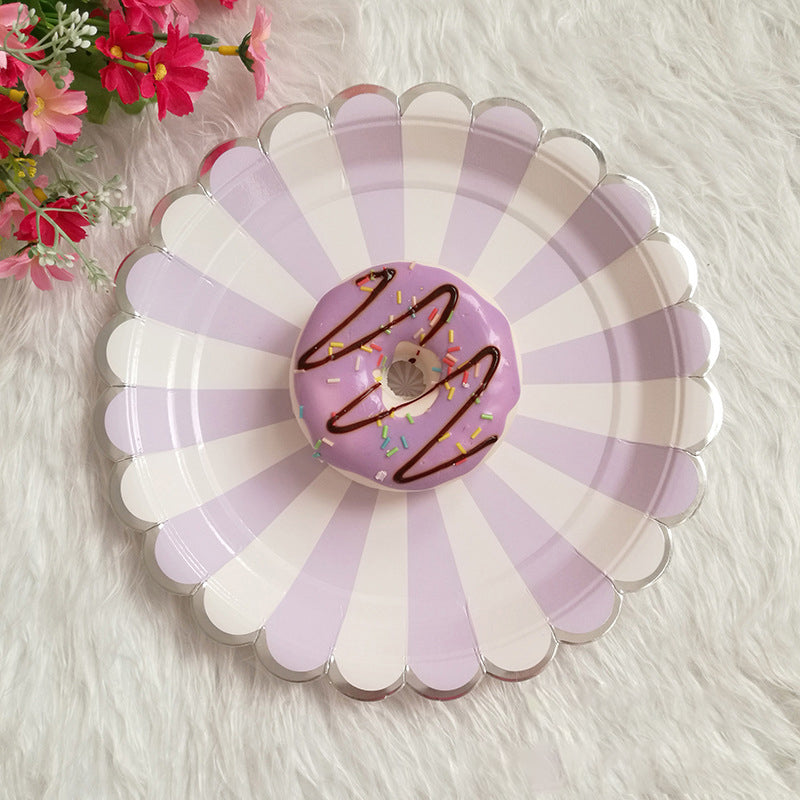 Party Paper Plates, 2pack-16pcs, Disposable Paper Plates, Gold Foil Scalloped Edge, Striped Pastel, 8 Colors, 9-Inch