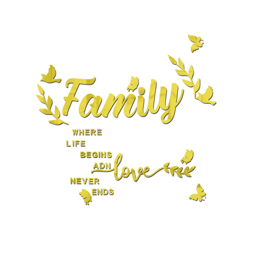 Mirror Family Wall Decor 3D Acrylic Wall Decal Stickers Family Letter Quotes Mirror Decor DIY Removable Wall Art Decals Motivational Butterfly Mural Stickers for Home Decor (Silver)