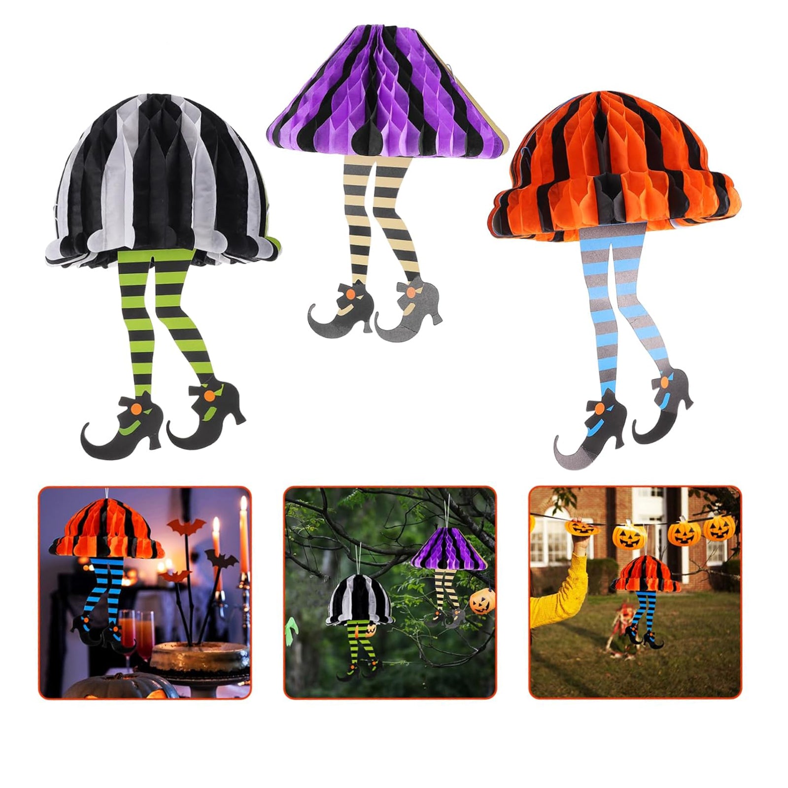 3PCS Halloween Witch Leg Hanging Witchs Boot Shaped Tissue Paper Pom Poms Flowers Balls Halloween Party Hanging Decorations