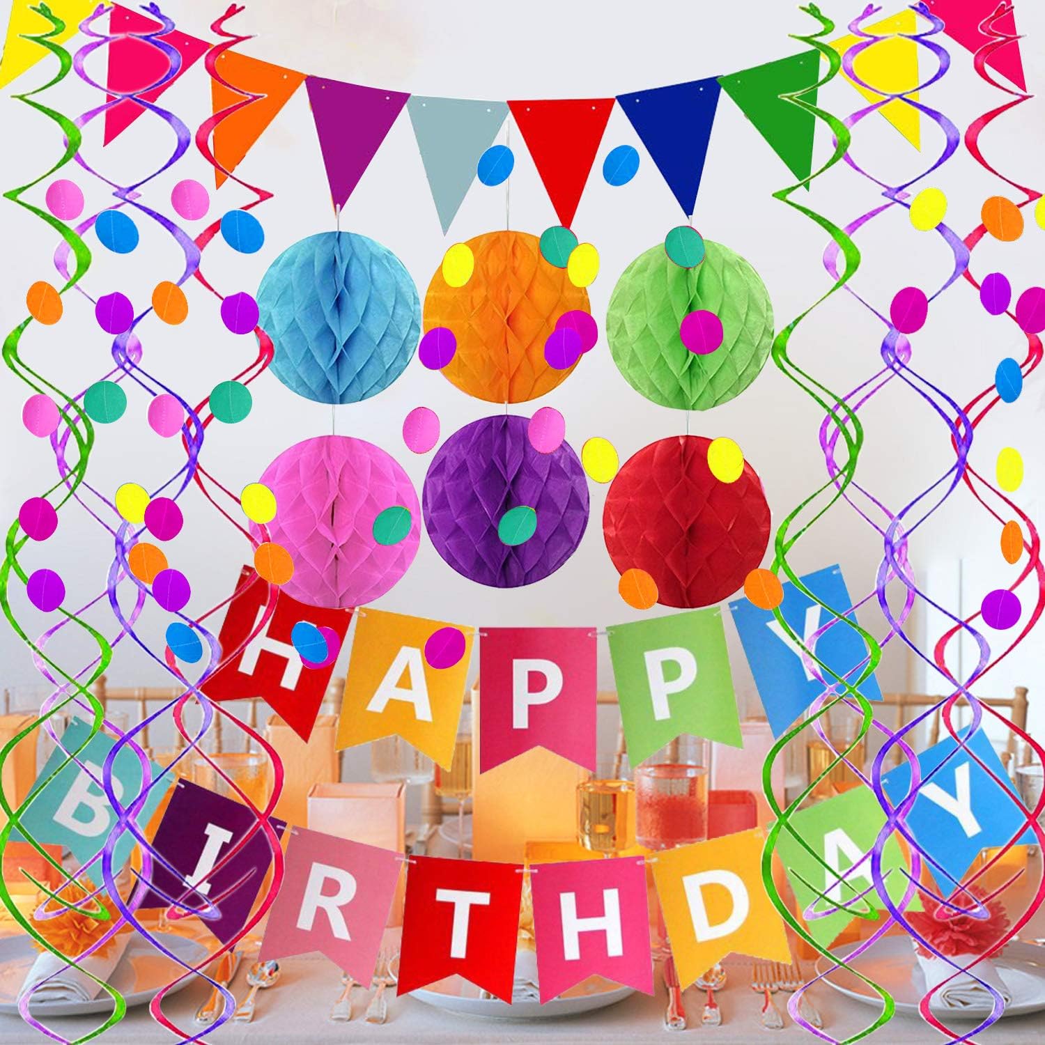 Happy Birthday Banner with Colorful Paper Flag Bunting Paper Circle Confetti Garland Swirl Streamers Honeycomb Ball for Birthday Party