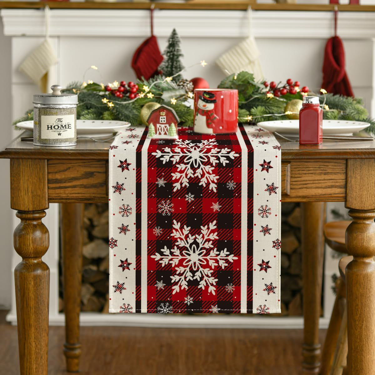 Buffalo Plaid Snowflakes Christmas Table Runner, Seasonal Winter Kitchen Dining Table Decoration for Home Party Decor