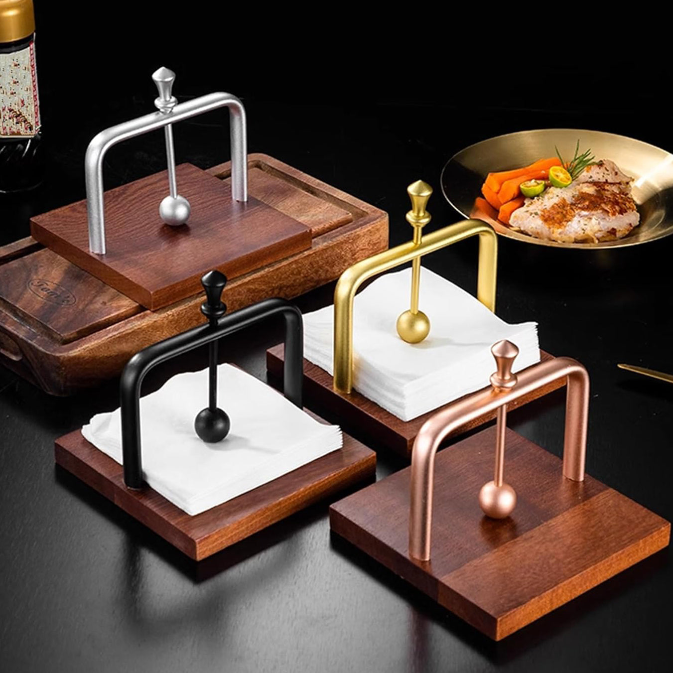 Wood Napkin Holder for Table,Tissue Dispenser Napkin Dispenser with Sophisticatedly Metal Center Bar, cocktail napkin holder for Home, Kitchen, Office, Restaurant, Hotel, Cafe, Bar