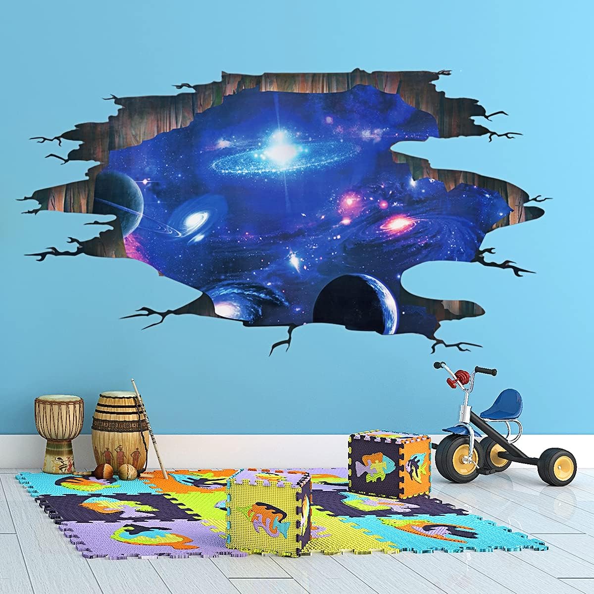 Creative 3D Blue Cosmic Galaxy Wall Decals Removable PVC Magic 3D Milky Way Outer Space Planet Window Wall Stickers Murals Wallpaper Decor for Home Walls Floor Ceiling Boys Room Kids Bedroom