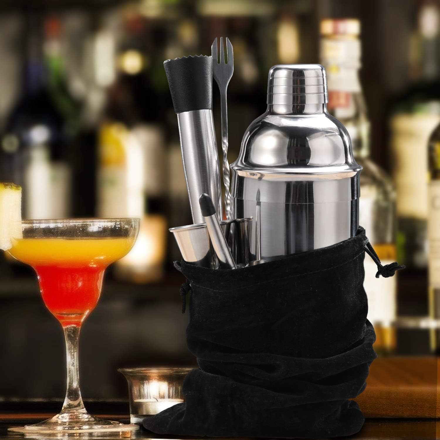 Cocktail Shaker Set Bartender Kit by CHKING, Stainless Steel Martini Shaker, Mixing Spoon, Muddler, Measuring Jigger, Liquor Pourers with Dust Caps and Manual of Recipes, Professional Bar Tools