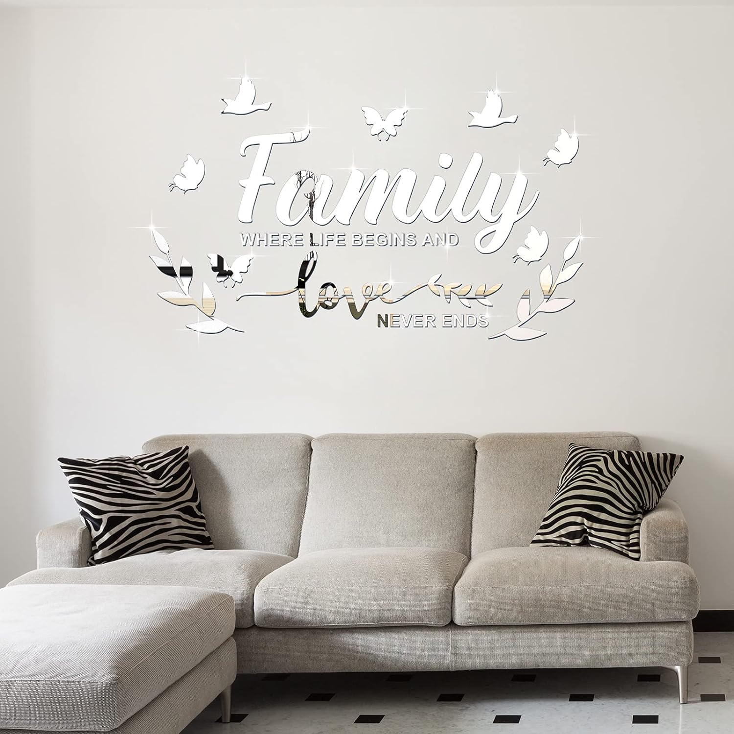 Mirror Family Wall Decor 3D Acrylic Wall Decal Stickers Family Letter Quotes Mirror Decor DIY Removable Wall Art Decals Motivational Butterfly Mural Stickers for Home Decor (Silver)