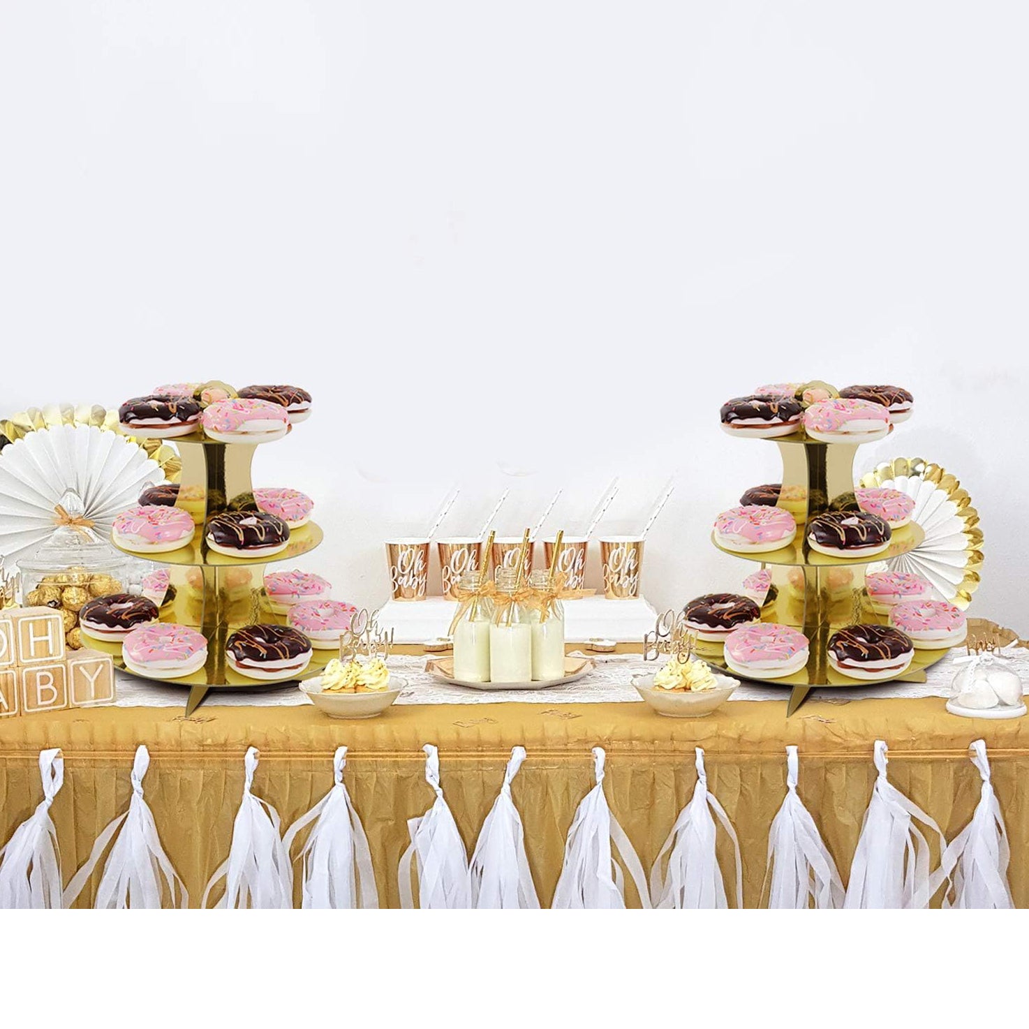 2 Set Gold 3-Tier Round Cardboard Cupcake Stand for 24 Cupcakes Perfect for Birthday Baby Bridal Shower Party Supplies