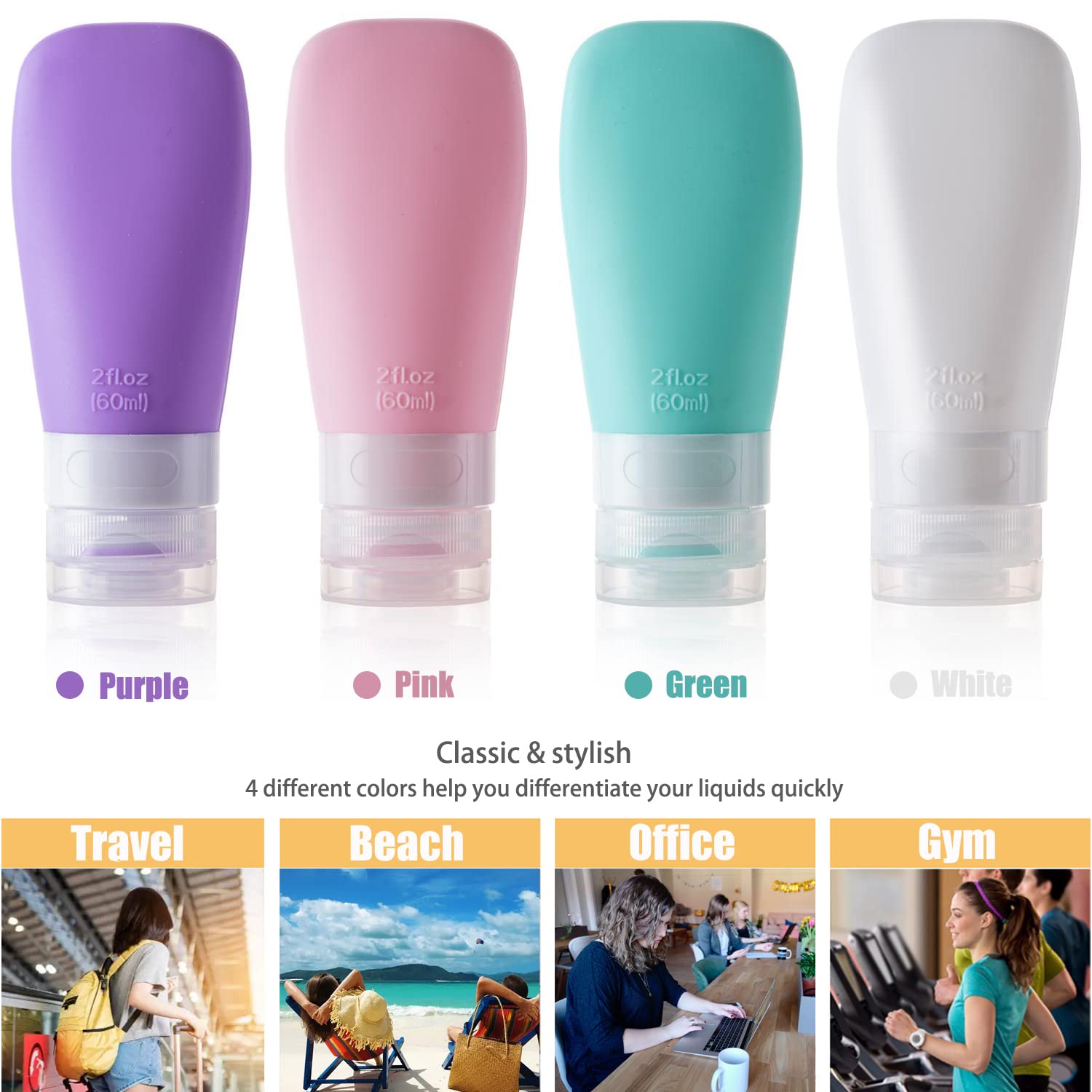 Leak Proof Travel Bottles, TSA Approved Silicone Squeezable Shampoo Refillable Toiletry Cosmetic Container, 2oz Portable